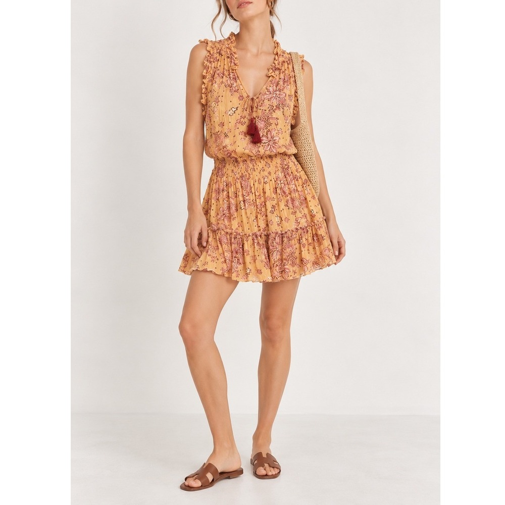 Poupette St Barth Triny Minidress Medium Pink Orange Floral Ruffle Smocked